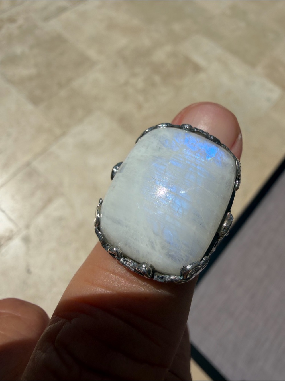 Sterling Silver Moonstone Statement Ring - White Blue Flash